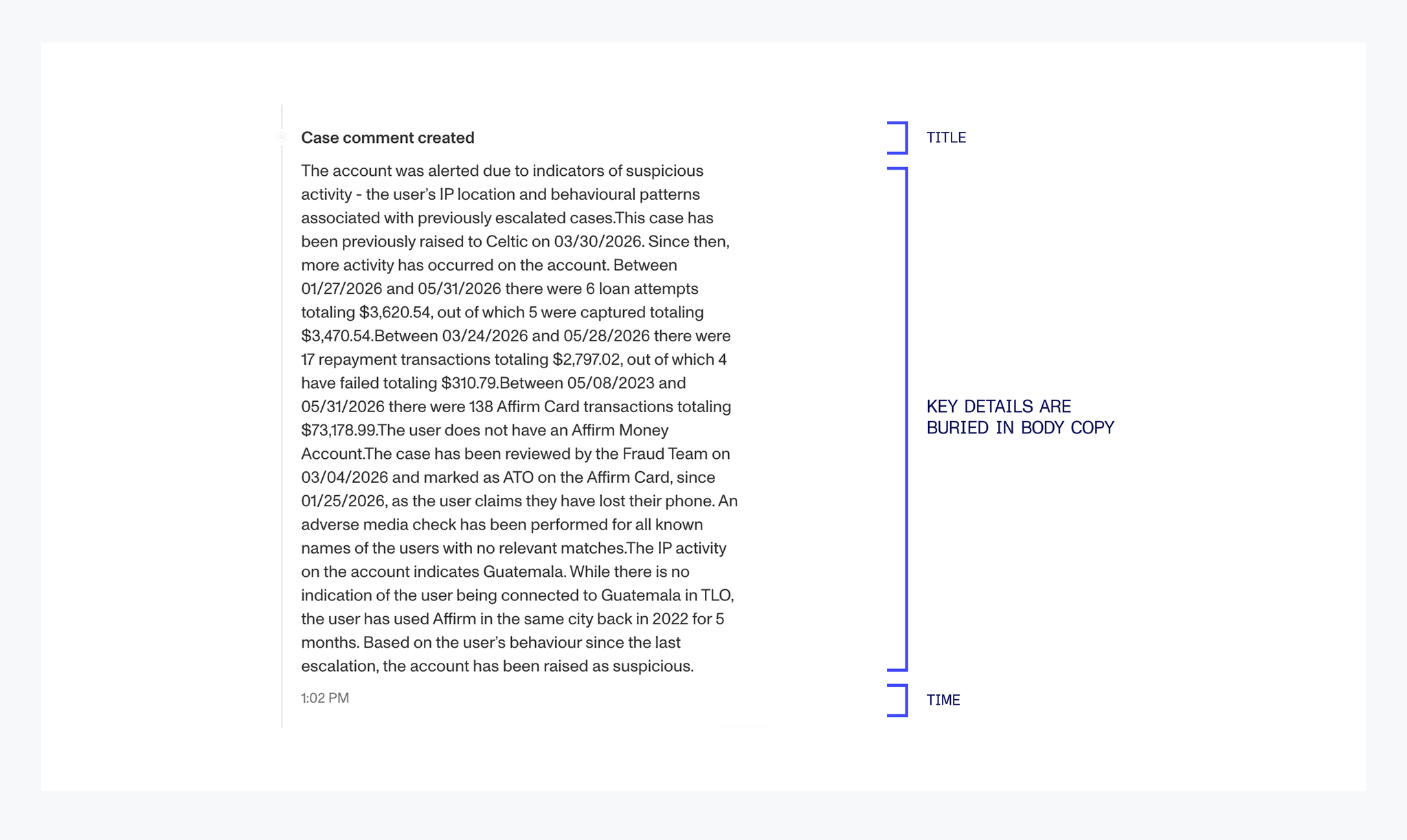 A timeline event with its title and time separated from key details buried in the body copy