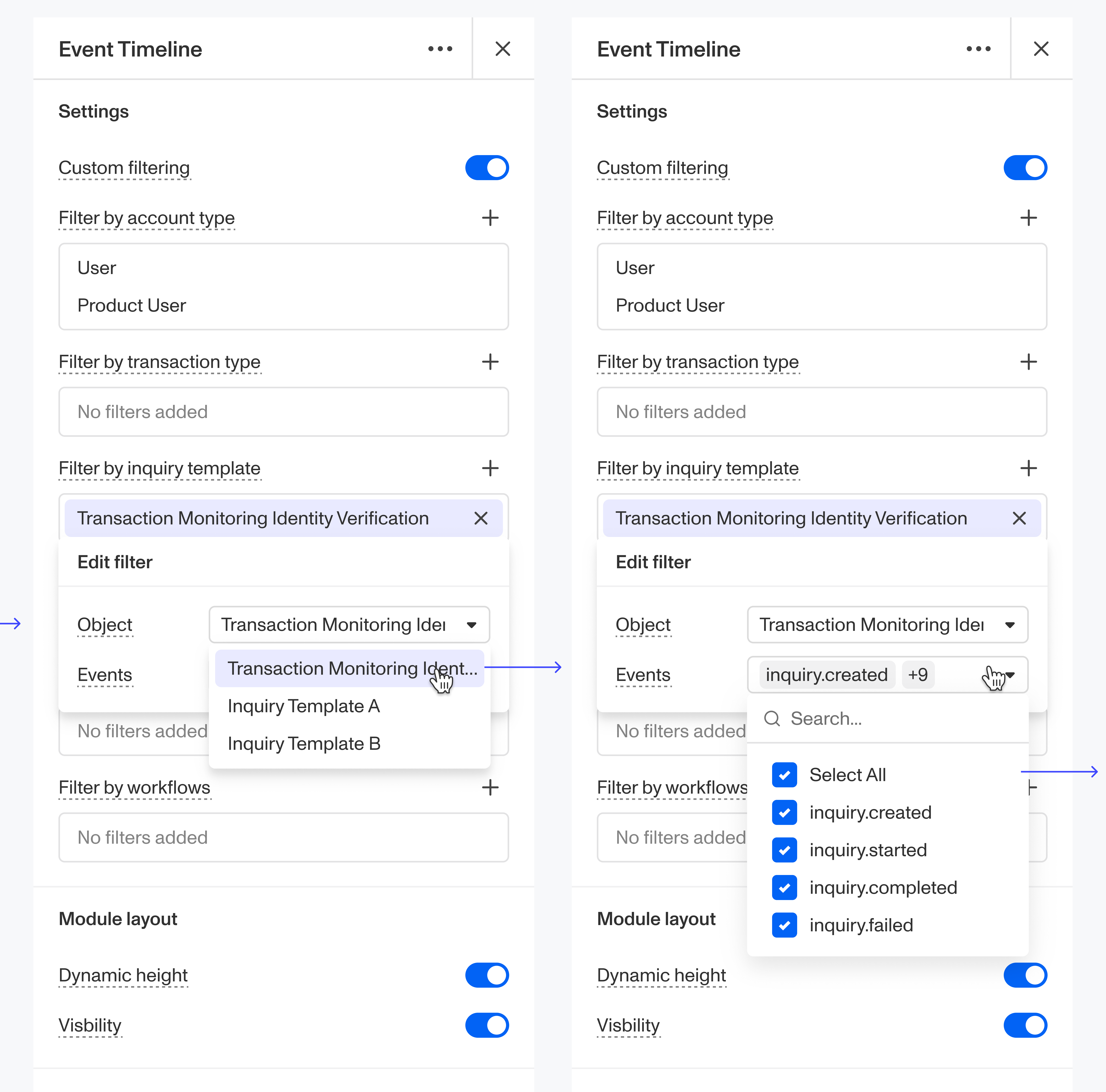 Multiple listboxes for filtering the event timeline by inquiry template and events