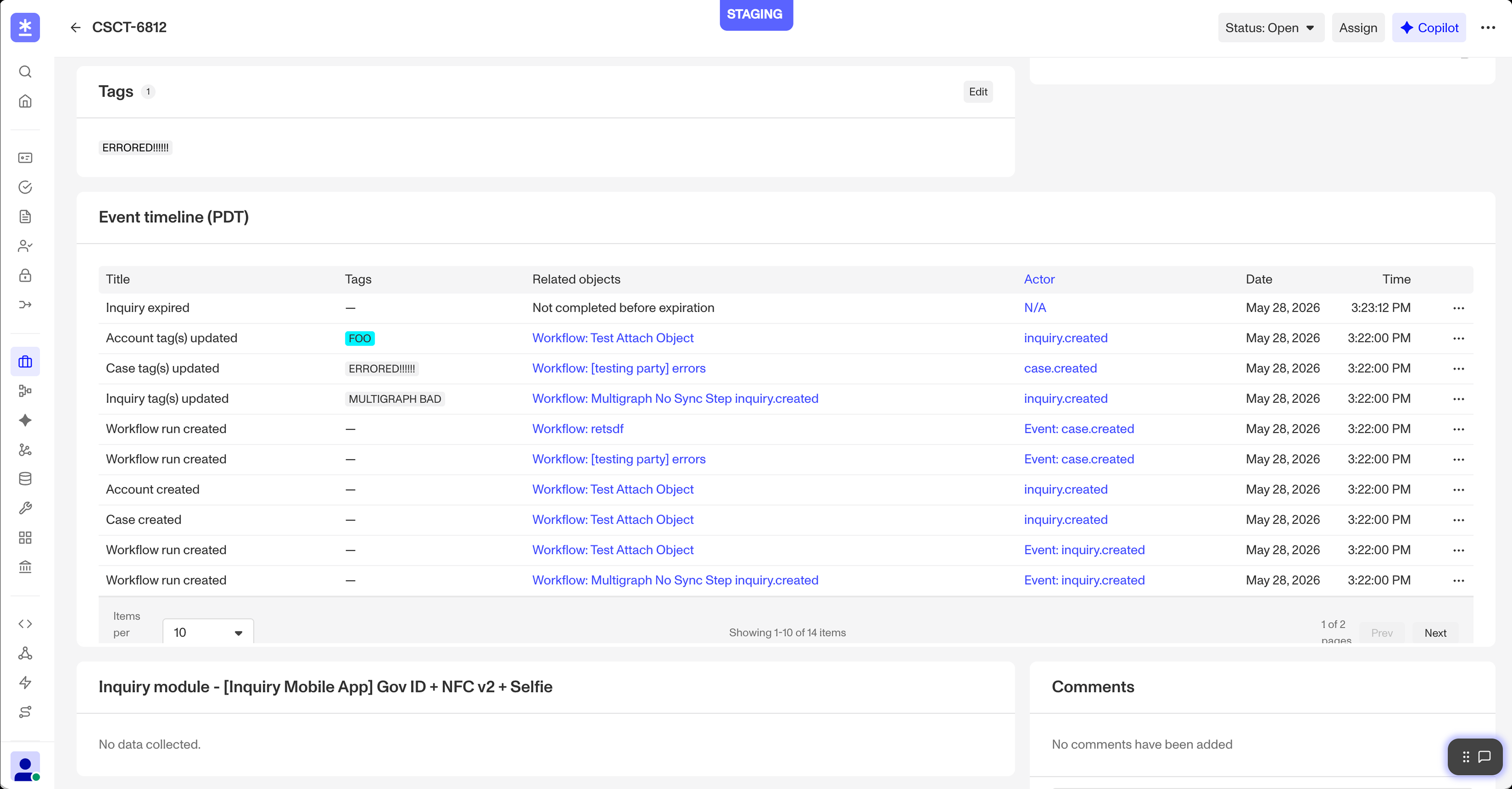 Event timeline as a table with title, tags, related objects, actor, date, and time