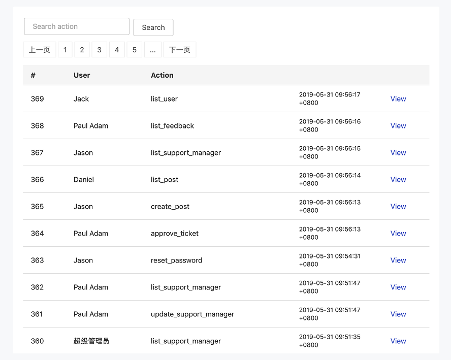 GitHub audit log displayed as structured tabular data