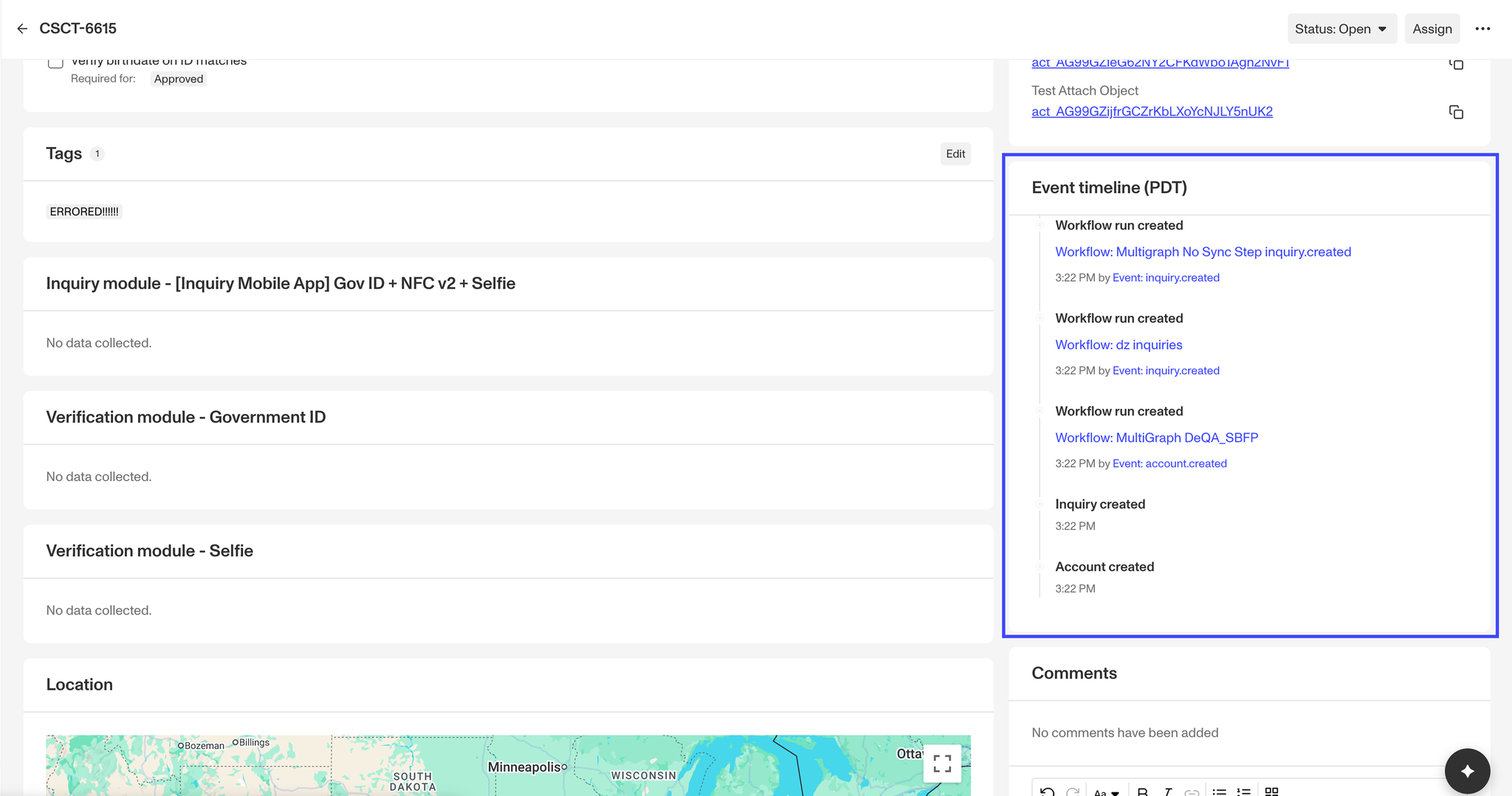 Persona case dashboard with the event timeline