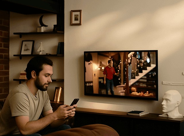 A person on their phone while the television stays on