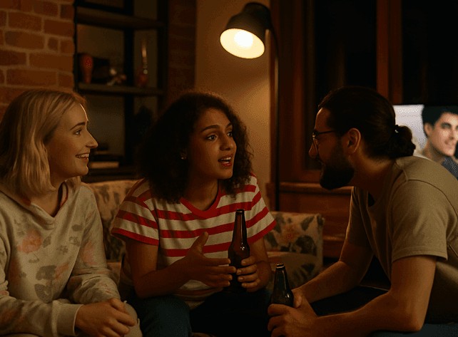 Friends talking while the television plays in the background